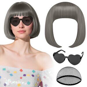 New PLULON Dark Gray Bob Wig with Heart Sunglasses and Hair Cap for Women